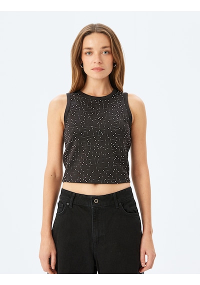 Koton Taş Detaylı Halter Yaka Kolsuz Scuba Kumaş Crop Bluz Siyah 5wak60038fk Siyah