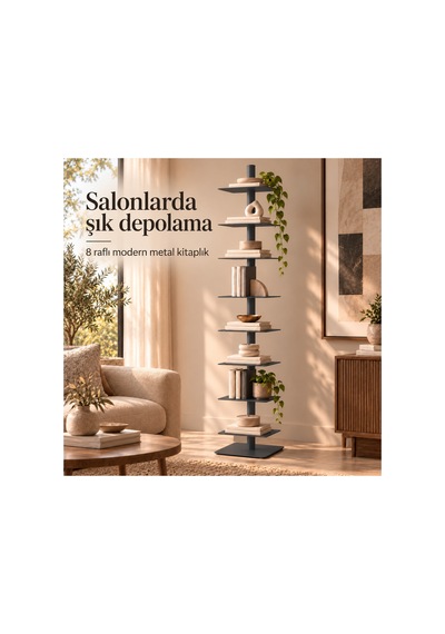 Axis 8 Raflı Metal Kitaplık Modern Tasarım Dikey Dekoratif Kitaplık Gri - 935176049 Gri