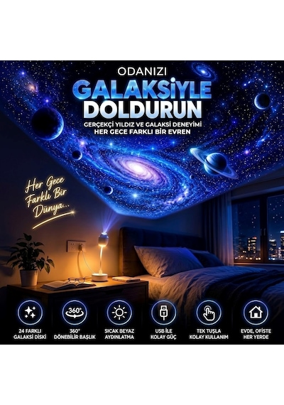 Yıldız Galaksi Projektörü 24'ü 1 Arada Tavan Yansıtmalı Gece Lambası & Oda Aydınlatma 24 Uzay Ve Romantik Slaytlı Us