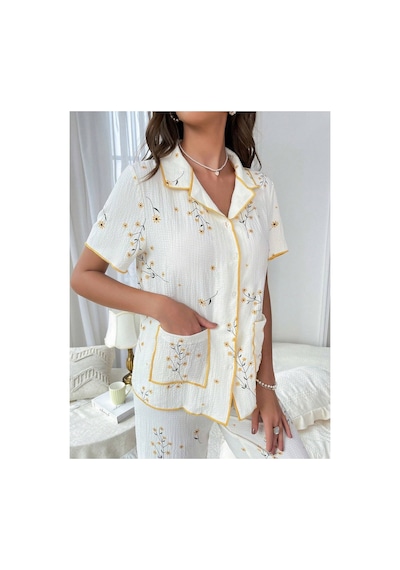 Bella Notte Çiçek Baskılı Cep Detaylı Düğmeli Günlük Pijama Takımı Beyaz