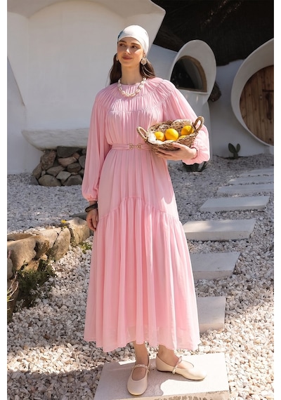 Olcay Büzgü Detaylı Balon Kol Şifon Elbise Pembe 9461-e