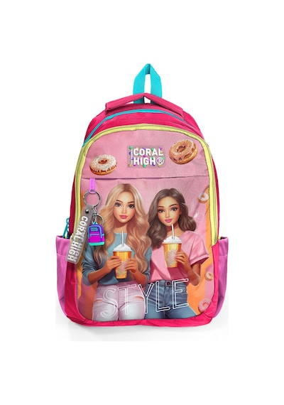 Coral High Kids Pembe Neon Mercan Fashion Girl Desenli Üç Bölmeli Okul Sırt Çantası 23669 Neon Mercan