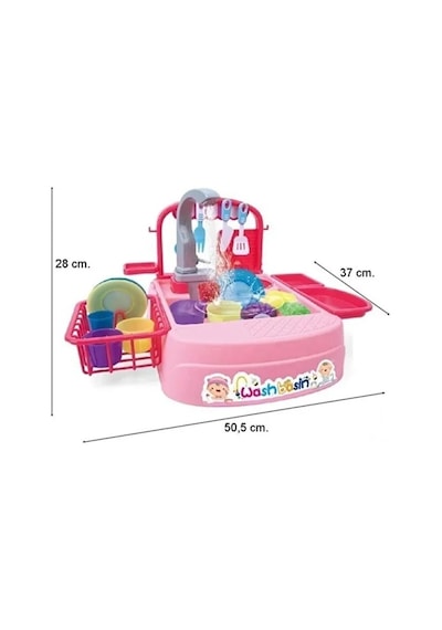 Bulaşık Yıkama Seti - Pilli Su Akıtan Modern Lavabo + Oyuncak Pilli Dikey Süpürge