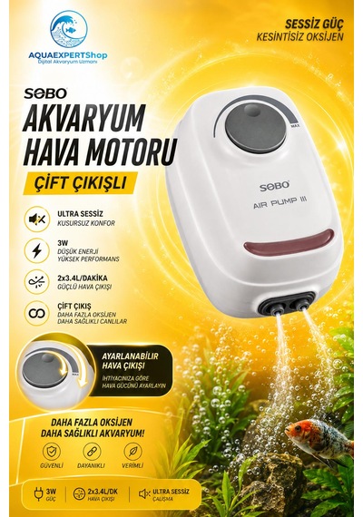 Akvaryum Hava Motoru - Çift Çıkışlı - Ultra Sessiz - Ayarlanabilir Hava Çıkışı - Ar-10 - 3w - 2x3.4lt/dakika