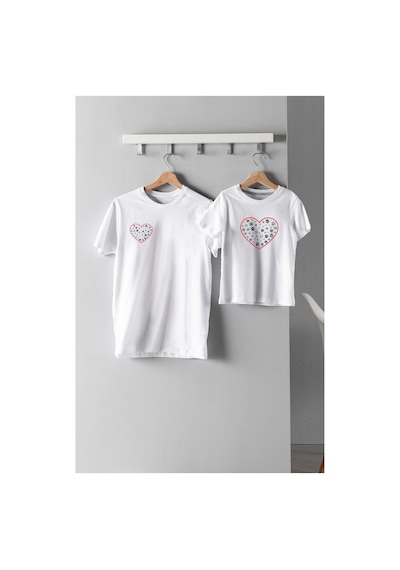 Mor Mürekkep Kalp Tasarım Baskılı Anne Kız Çocuk Kombin Tshirt Beyaz