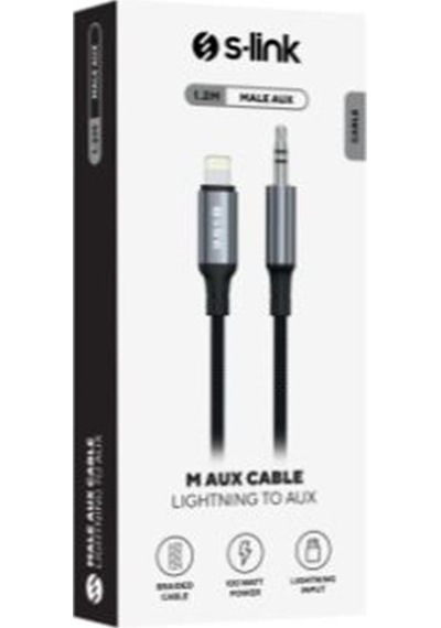 S-link Armor Ml-01 1.2m Lightning To M Aux Örgülü Metal Başlıklı Siyah Ses Kablosu