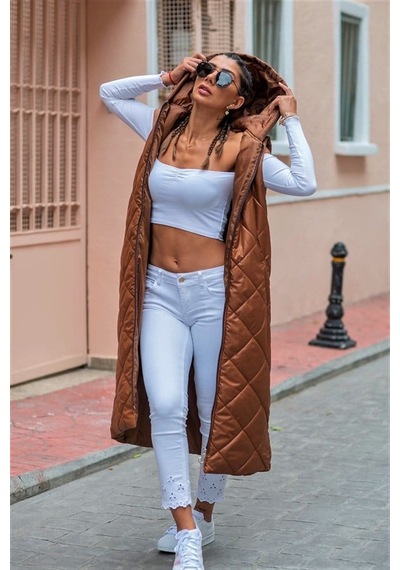 Veraura Lifestyle Kahverengi Kapüşonlu Cepli Baklava Desen Uzun Şişme Yelek