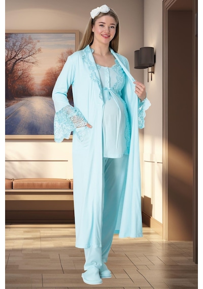 Mecit Pijama Mecit 5353 Turkuaz Sabahlıklı Lohusa Pijama Takımı