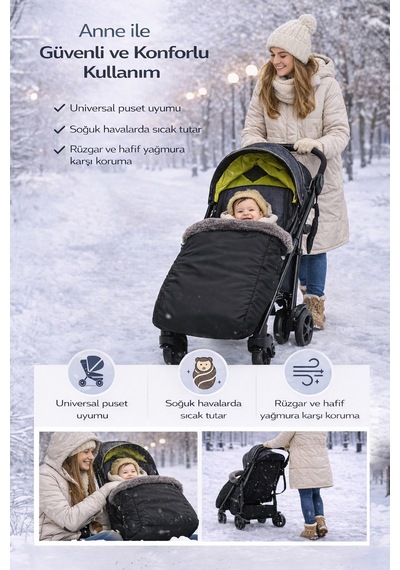 Universal Kışlık Puset Ayak Örtüsü - Su Geçirmez Rüzgar Dayanıklı Sıcak Polar Bebek Arabası Footmuff 0-3 Yaş Siyah
