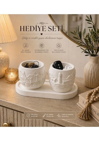 Taş Tozu Dekoratif Hediye Seti Tepsili 2 Li Kap Organizer & Sukulent Saksı Uyumlu