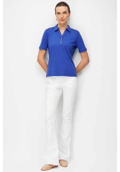 Kadın Polo Yaka İğne İşlemeli Pamuklu Penye T-shirt Sax Sax