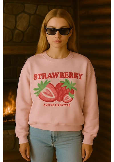 Benroma 3 İplik Penye Strawberry Baskılı Unisex Sweatshırt Pembe