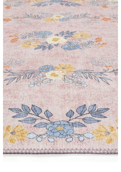 Cool Halı Florence Pembe Mavi Romantik Çiçek Desenli Yıkanabilir Dokuma Salon Oturma Odası Halısı