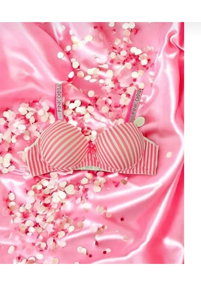 Kızıl Gece Çizgili Taşlı Push Up Sütyen Takımı Toz Pembe