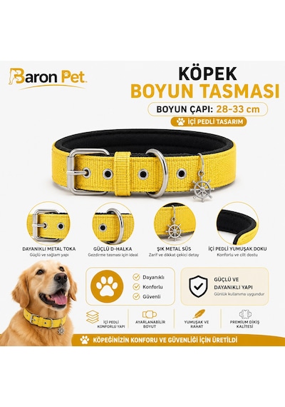 Pedli Köpek Boyun Tasması 28-33 Cm 2 Cm İçi Pedli Metal Tokalı D Halkalı - Sarı Çok Renkli