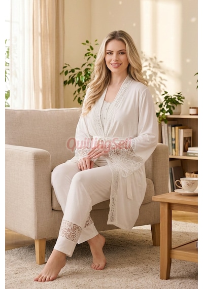 Lady Ekru Renkli, Derin Patlı, Dantel Detaylı 33002 Sabahlıklı 3lü Lohusa Hamile Pijama Takımı