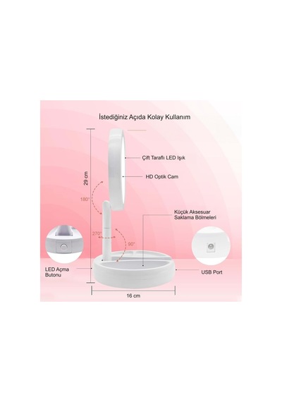 Plentiful Plentiful 10x Büyütme Çift Taraflı Katlanabilir 21 Led Işıklı Makyaj Aynası Usb Kablo Ahşap
