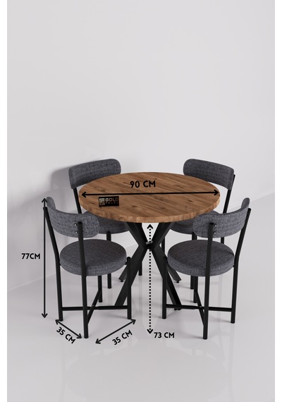 Mutfak Masası 4 Sandalyeli Set 90 Çap Yuvarlak Cafe Balkon Ofis Masa Yemek Takımı Teddy 9861 Antrast Gri