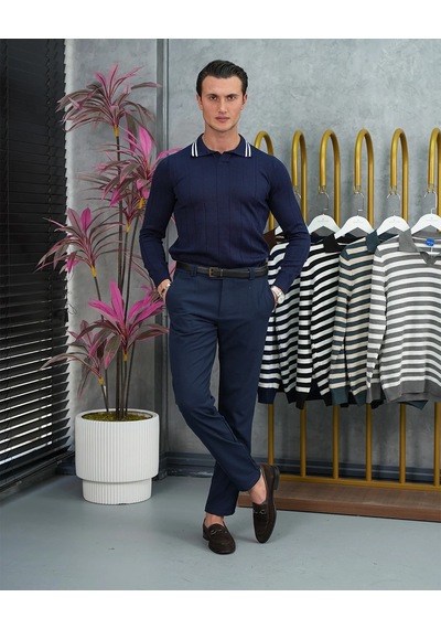 Modefendi Pamuk Likra Slim Fit Kesik Yaka Dikey Geniş Çizgi Ve Yaka Şerit Detaylı Triko Kazak Lacivert Modefendi Pamuk Likra Slim Fit Kesik Yaka Dikey Geniş Çizgi Ve Yaka Şerit Detaylı Triko Kazak Lacivert