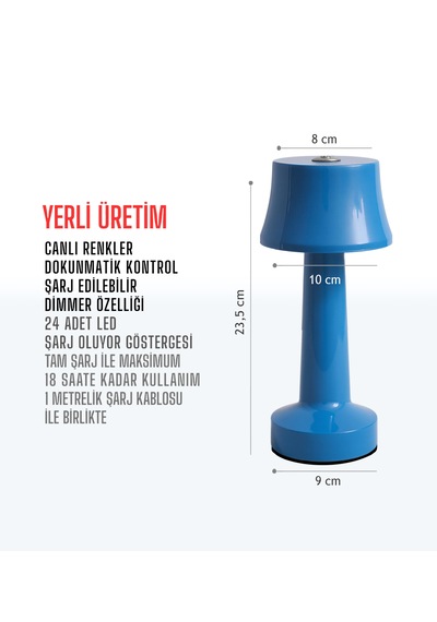 Zenlight Metal Dokunmatik Şarjlı Masa Lambası 320-3 Mavi