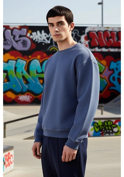 Benerly Erkek Bisiklet Yaka Düşük Kol Oversize Kalıp Sweatshirt Fonksiyon Indigo