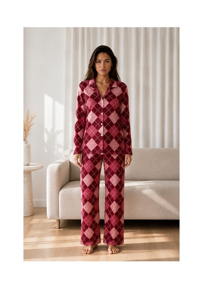 Fit Women Kadın Desenli Basic Kış Kırmızı Pijama Takımı