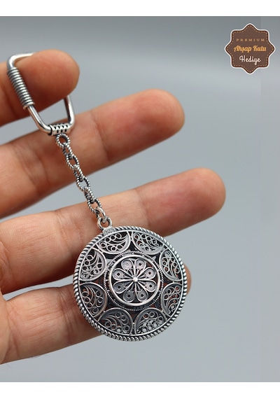 Çiçekli Yaprak Model 925 Ayar Gümüş Oksitli Telkari Anahtarlık 201025165 Gümüş