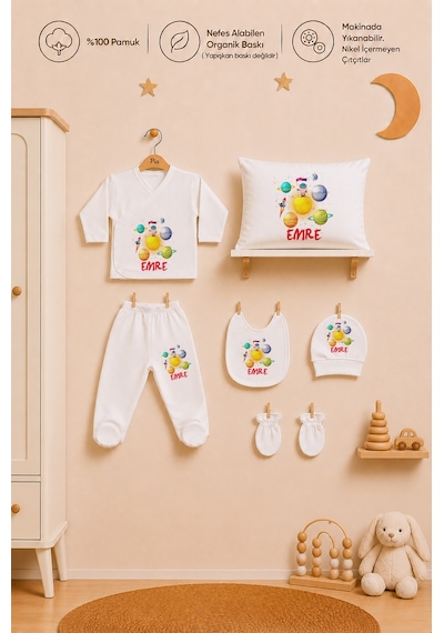 Pia Baby Erkek Bebek 6'lı Zıbın Seti %100 Pamuk İsme Özel Organik Baskı Yastık Kılıfı Hediyelik Set 2056yz0x Ekru