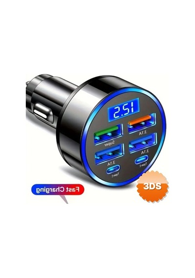 6 Portlu Hızlı Araç Şarj Cihazı 4 Usb + 2 Type-c Dijital Göstergeli Oto Şarjı