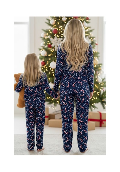 Siyah İnci %100 Pamuklu Puanlı Şeker Baston Desenli Yılbaşı Temalı Örme Pijama Takım Lacivert Puanlı Baston