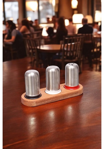 Ahşap Stantlı Baharatlık Ve Tuzluk Seti 3'lü Paslanmaz Çelik Kafe Restorant Diğer