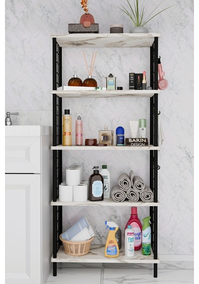5 Raflı Çevir-kur Raf Ünitesi Telli Metal Gövdeli Organizer Banyo, Mutfak, Balkon, Antre Uyumlu Beyaz Mermer