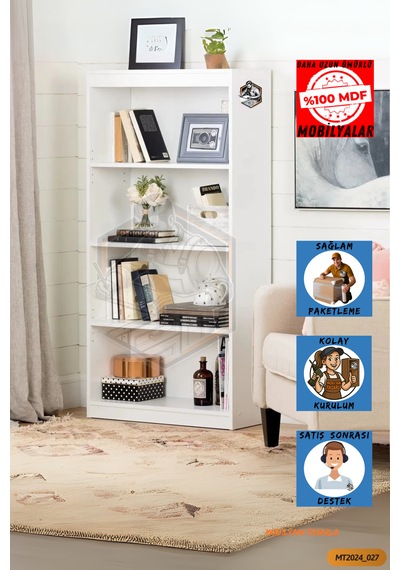 Tamamı Mdf 4 Bölmeli Kapaksız Beyaz Kitaplık Salon Çalışma Odası