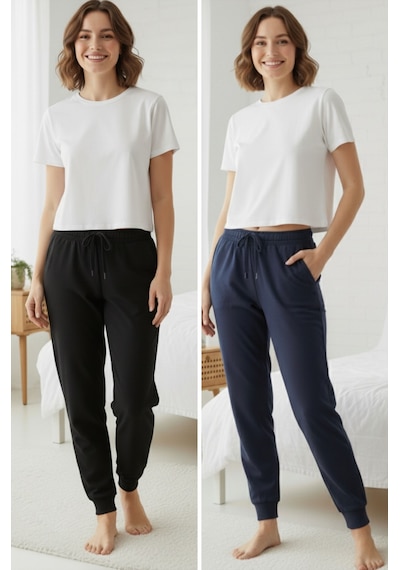 Elemge %100 Pamuk 2'li Süprem Kadın Pijama Altı Compact Penye Rahat Kalıp Cepli Ipli Terletmez Siyah - Laci Lacivert - Siyah