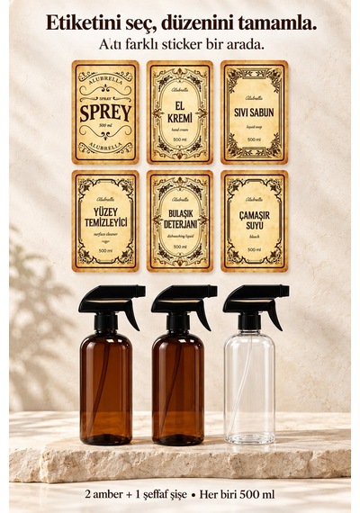 Alubrella 500 Ml 2 Amber Ve 1 Şeffaf Boş Sprey Şişe 3 Lü Set Ve 6 Lı Etiket
