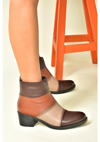Fox Shoes Vizon/taba Hakiki Deri Alçak Topuklu Kadın Bot N555703003 Vizon - Taba