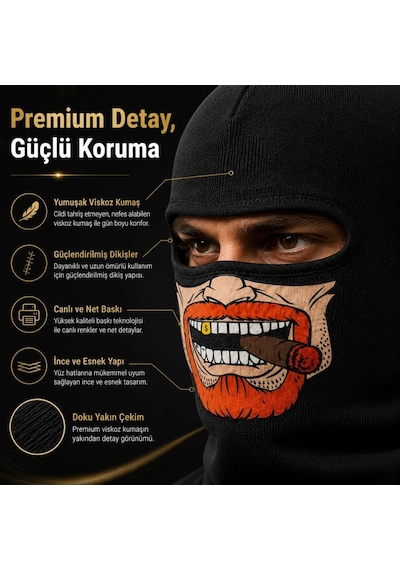 Unisex Sakallı Puro Baskılı Balaklava 1 Adet Tek Beden Viskoz Kask İçi Outdoor Maske 1 Siyah