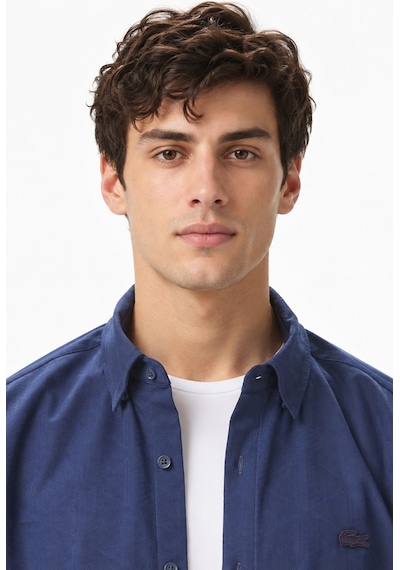 Lacoste Mens Slim Fit Navy Cotton Shirt Dar Kesim Pamuklu Erkek Gömlek Lacivert