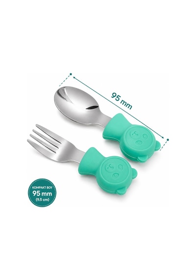 Valkyrie 304 Çelik Panda Bebek Kaşık Çatal Setisilikon Saplı Bpa İçermez Ergonomik Kaymaz Yeşil