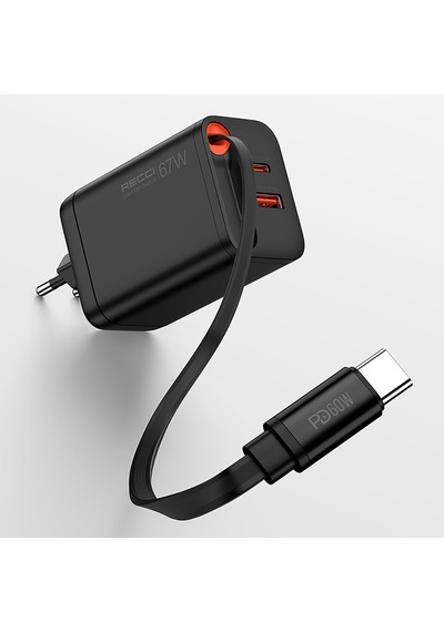 Recci Rc103e Gan Teknolojili Şarj Başlığı Usb-a To Type-c Pd 67w Type-c Kablolu Şarj Seti Siyah