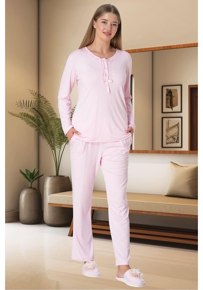 Lohusa Sepeti Lohusasepeti Dantelli Yaka Büyük Beden Lohusa Pijama Takımı Pembe - 5919 001