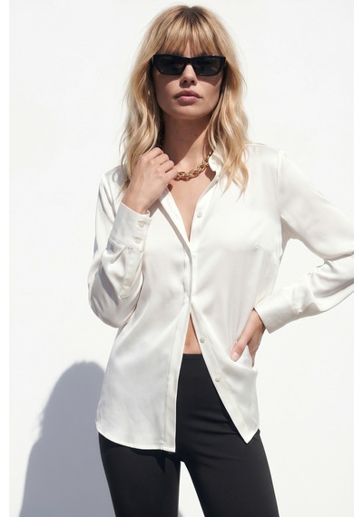 Sateen Gizli Patlı Gömlek - Ekru-137597