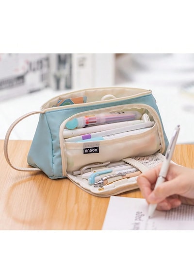 Geniş Büyük Kapasiteli Çok Fonksiyonlu Pastel Renkli Kalemlik Kalem Kutusu Çantası Makyaj Çantası Orijinal Angoo Büyük Kapasiteli Twill Kalemlik - Kalem Kutusu Mavi