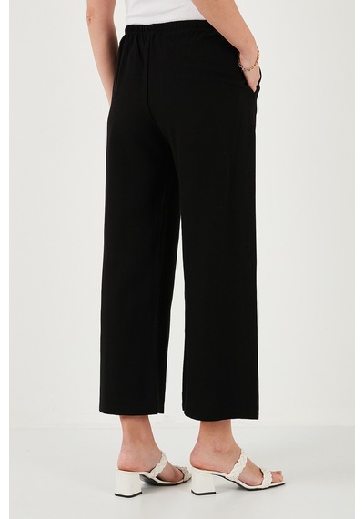 Lela Keten Karışımlı Regular Fit Normal Bel Geniş Paça Bayan Pantolon 5866030 Siyah