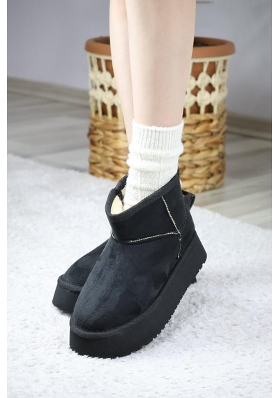 Asmi Shoes Kadın Pavro Süet İçi Kürklü Kalın Taban 4.5 Cm Mini Kısa Bot Siyah Siyah