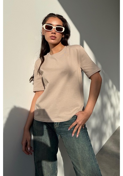 Madmext Camel %100 Pamuk Vatkalı Oversize Kadın T-shirt Mg2442 Camel