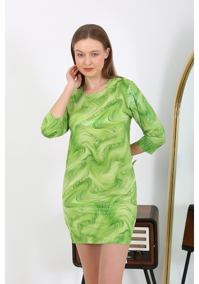 Modi Moda Çizgi Kadın Micro Kumaş Mini Parlak Elbise 7420 Yeşil