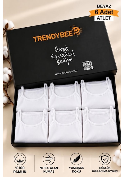 Trendybee Kadın İp Askılı Beyaz Atlet 6 Lı Paket Özel Kutuda Pamuklu Yumuşak Dokulu Günlük İç Giyim M Beden