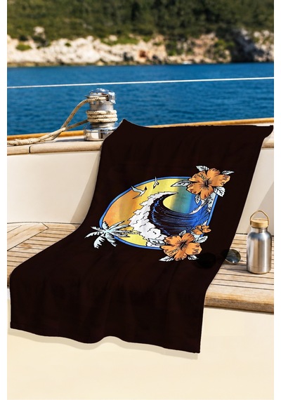 Tropikal Dalga Çiçekli Plaj Havlusu - Marine Gün Batımı Siyah Hızlı Kuruyan Mikrofiber Havlu Çok Renkli
