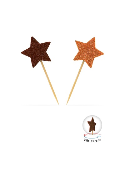 Turuncu-kahverengi Çift Taraflı Yıldız Simli Eva Kürdan Cupcake Toppers Cupcake Çubuğu 12'li